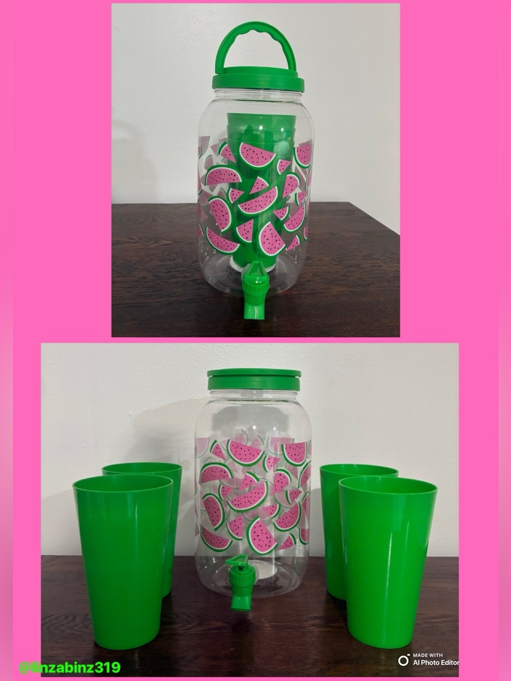HP NWT- Vibrant Green & Pink Watermelon 🍉 Drink Dispenser Set w/ 4 Tumbler Cups